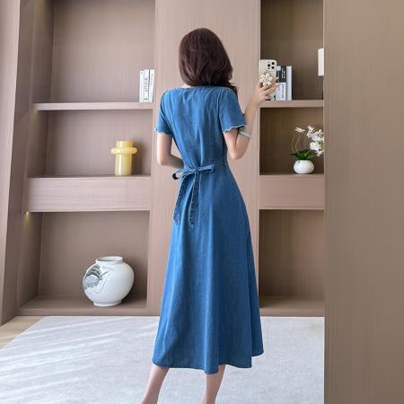 夏季连衣裙女中长裙高腰短袖牛仔裙优雅显高显瘦 服裝批發女裝批發服飾貨源