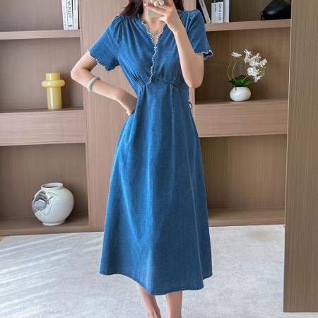 夏季连衣裙女中长裙高腰短袖牛仔裙优雅显高显瘦 服裝批發女裝批發服飾貨源