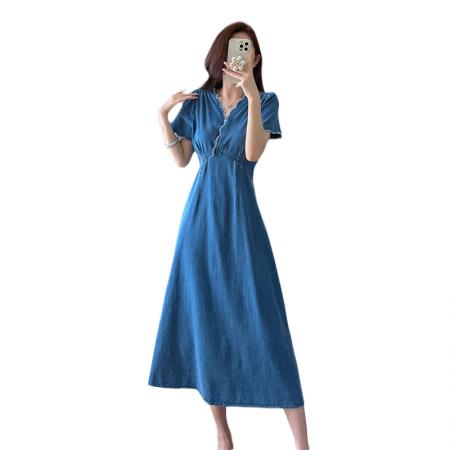 夏季连衣裙女中长裙高腰短袖牛仔裙优雅显高显瘦 服裝批發女裝批發服飾貨源