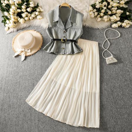 牛仔马甲连衣裙夏季女装新款夏日绝美高级感气质网纱裙两件套 服裝批發女裝批發服飾貨源