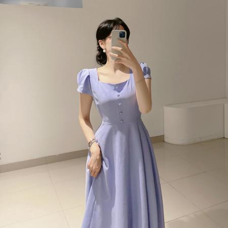 韩国chic气质方领泡泡袖绑带收腰显瘦连衣裙 服裝批發女裝批發服飾貨源