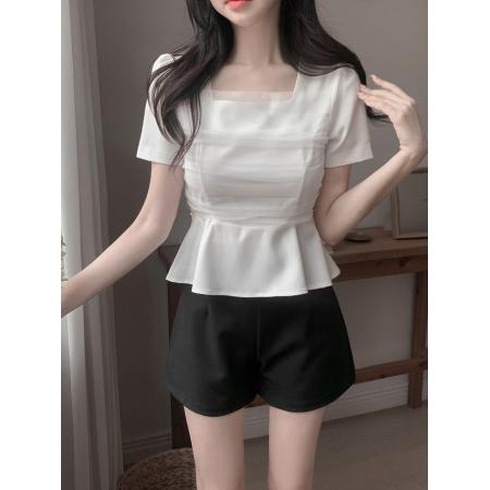 BY24419# 韩国chic法式网纱拼接方领泡泡袖上衣 服裝批發女裝批發服飾貨源