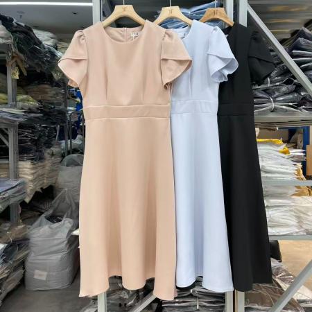 韩国chic温柔风圆领通勤收腰中长款连衣裙 服裝批發女裝批發服飾貨源