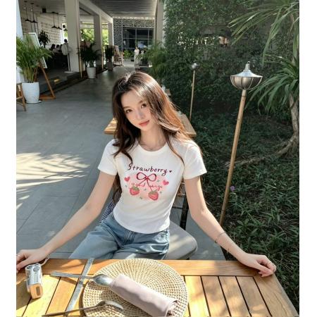 BY24428# 甜美草莓印花短袖t款韩系漂亮上衣 服裝批發女裝批發服飾貨源
