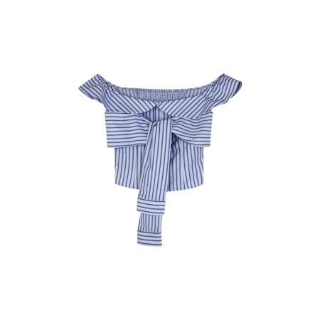 韩系设计感一字肩衬衫夏季绑带蓝色条纹短款上衣 服裝批發女裝批發服飾貨源