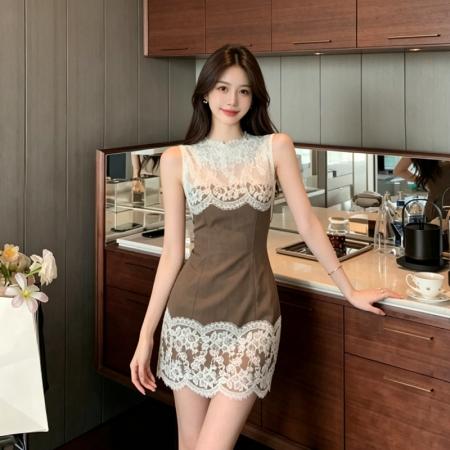 咖色蕾丝拼接无袖连衣裙女夏季新款显瘦包臀短裙纯欲风性感辣妹裙 服裝批發女裝批發服飾貨源