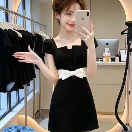 法式甜美风黑色方领连衣裙女夏季新款蝴蝶结收腰A字裙高级感短裙 服裝批發女裝批發服飾貨源