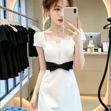 法式甜美风黑色方领连衣裙女夏季新款蝴蝶结收腰A字裙高级感短裙 服裝批發女裝批發服飾貨源