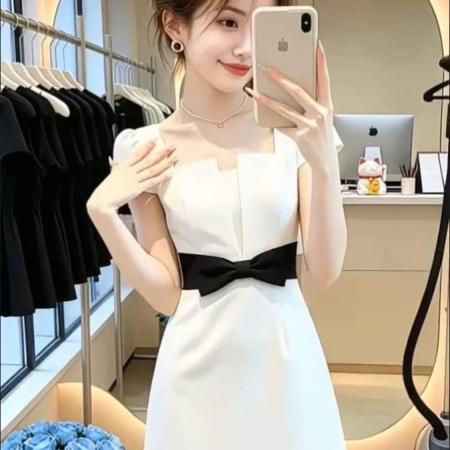 法式甜美风黑色方领连衣裙女夏季新款蝴蝶结收腰A字裙高级感短裙 服裝批發女裝批發服飾貨源