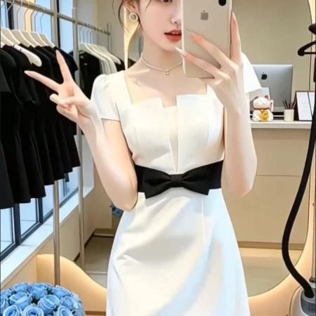 法式甜美风黑色方领连衣裙女夏季新款蝴蝶结收腰A字裙高级感短裙 服裝批發女裝批發服飾貨源