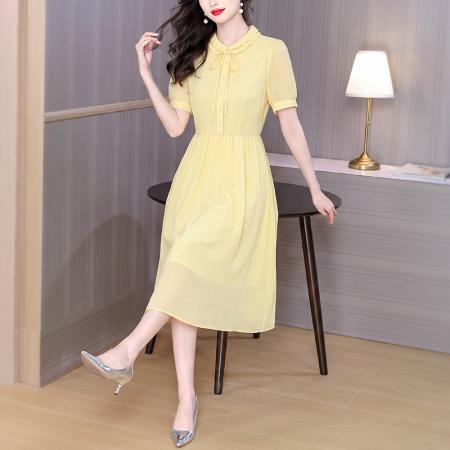 通勤时尚纯色短袖连衣裙女夏季新款气质收腰中长裙子 服裝批發女裝批發服飾貨源