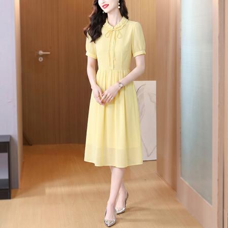通勤时尚纯色短袖连衣裙女夏季新款气质收腰中长裙子 服裝批發女裝批發服飾貨源