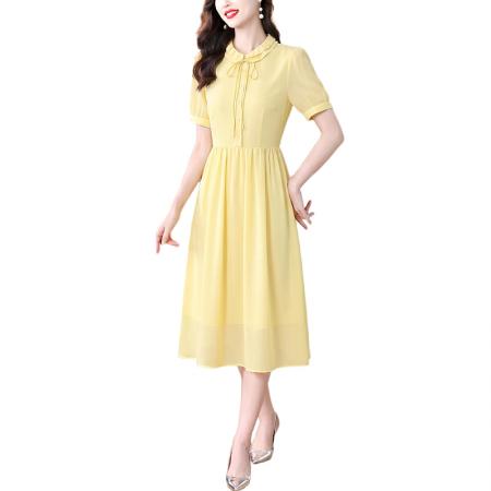 通勤时尚纯色短袖连衣裙女夏季新款气质收腰中长裙子 服裝批發女裝批發服飾貨源