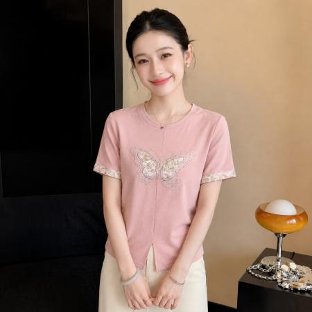 BY24439# 新中式国风刺绣短袖t恤女夏季新款洋气收腰显瘦体恤上衣 服裝批發女裝批發服飾貨源