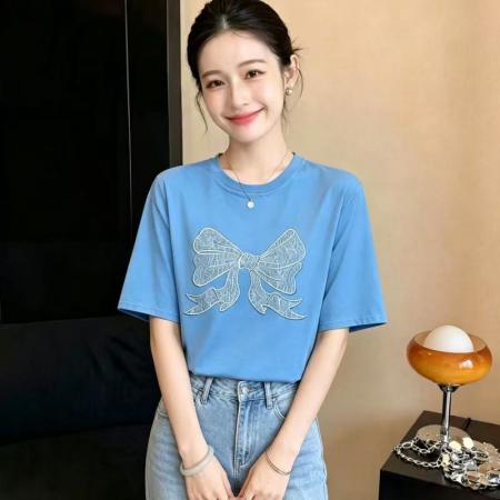 BY24440# 蝴蝶结绣花短袖T恤休闲百搭白色纯棉上衣设计感女新款 服裝批發女裝批發服飾貨源