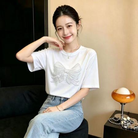 BY24440# 蝴蝶结绣花短袖T恤休闲百搭白色纯棉上衣设计感女新款 服裝批發女裝批發服飾貨源