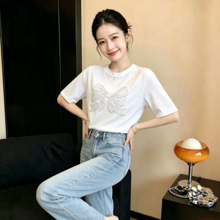 BY24440# 蝴蝶结绣花短袖T恤休闲百搭白色纯棉上衣设计感女新款 服裝批發女裝批發服飾貨源