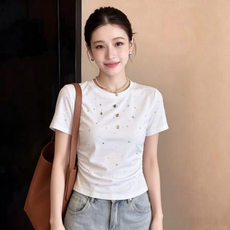 BY24442# 短款修身白t恤女新款爆款夏季高端独特别致烫钻短袖上衣 服裝批發女裝批發服飾貨源