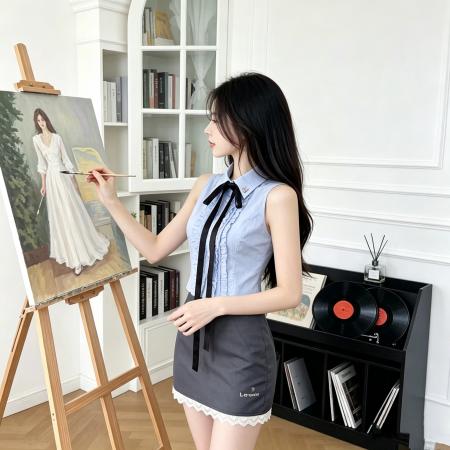 BY24443# 两只水仙美高优等生原创千金衬衫蓝色花边背心套装灰色miu学院 服裝批發女裝批發服飾貨源