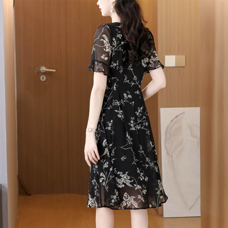 黑色荷叶袖时尚特别漂亮掐腰连衣裙女夏新款v领好看印花裙子 服裝批發女裝批發服飾貨源