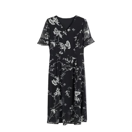 黑色荷叶袖时尚特别漂亮掐腰连衣裙女夏新款v领好看印花裙子 服裝批發女裝批發服飾貨源