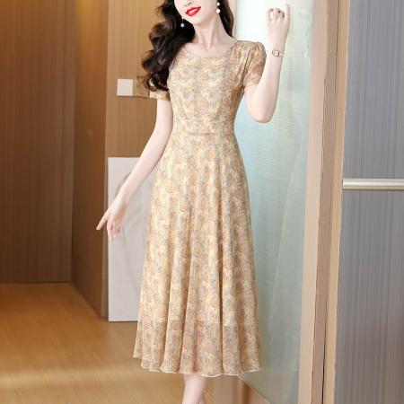 雪纺印花碎花乔其纱短袖连衣裙夏新款大摆长款气质仙女裙子 服裝批發女裝批發服飾貨源