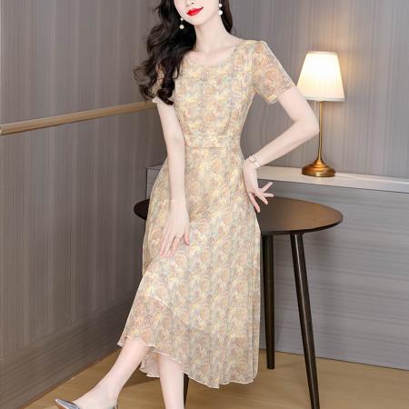 雪纺印花碎花乔其纱短袖连衣裙夏新款大摆长款气质仙女裙子 服裝批發女裝批發服飾貨源