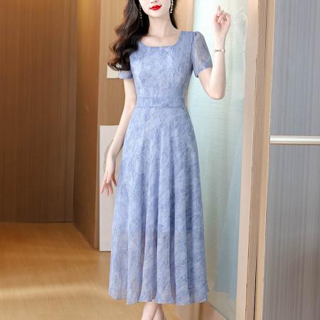 重工艺烫金碎花乔其纱短袖连衣裙夏新款大摆长款气质仙女裙子 服裝批發女裝批發服飾貨源