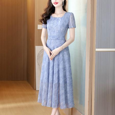 重工艺烫金碎花乔其纱短袖连衣裙夏新款大摆长款气质仙女裙子 服裝批發女裝批發服飾貨源