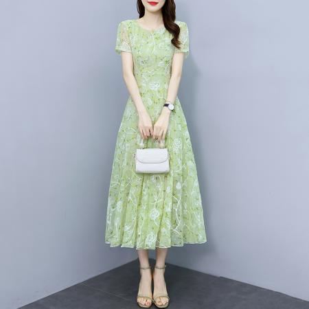 重工艺绣花碎花雪纺短袖连衣裙夏装新款大摆长款气质仙女裙子 服裝批發女裝批發服飾貨源