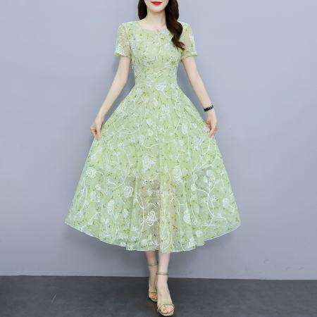 重工艺绣花碎花雪纺短袖连衣裙夏装新款大摆长款气质仙女裙子 服裝批發女裝批發服飾貨源