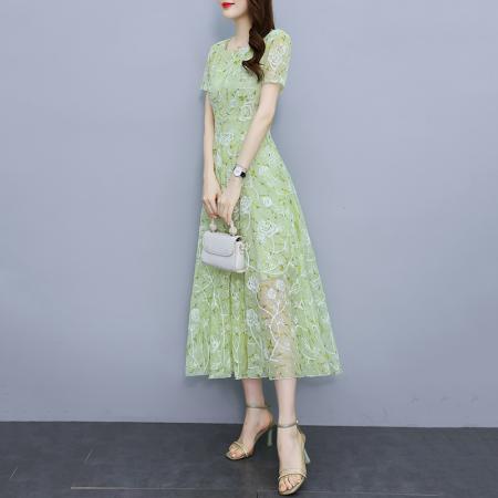 重工艺绣花碎花雪纺短袖连衣裙夏装新款大摆长款气质仙女裙子 服裝批發女裝批發服飾貨源