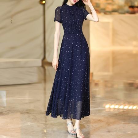 藏青色小波点立领气质大摆长裙夏季新款优雅显瘦连衣裙 服裝批發女裝批發服飾貨源