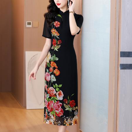 夏季繁花似锦高奢旗袍领定位花莱赛尔天丝纱连衣裙 服裝批發女裝批發服飾貨源
