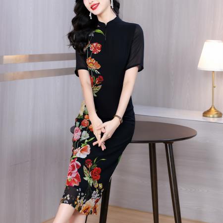 夏季繁花似锦高奢旗袍领定位花莱赛尔天丝纱连衣裙 服裝批發女裝批發服飾貨源