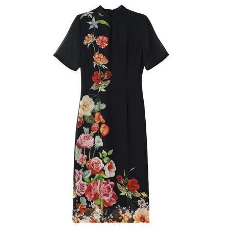 夏季繁花似锦高奢旗袍领定位花莱赛尔天丝纱连衣裙 服裝批發女裝批發服飾貨源