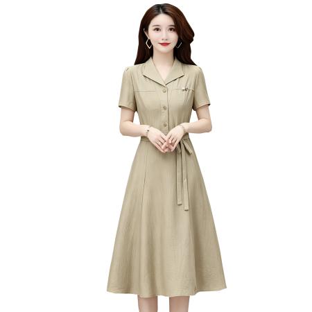 西装领系带连衣裙夏季装大码显瘦遮肚气质通勤中长裙 服裝批發女裝批發服飾貨源