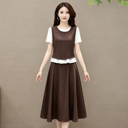 装假两件连衣裙收腰显瘦圆领连衣裙子 服裝批發女裝批發服飾貨源