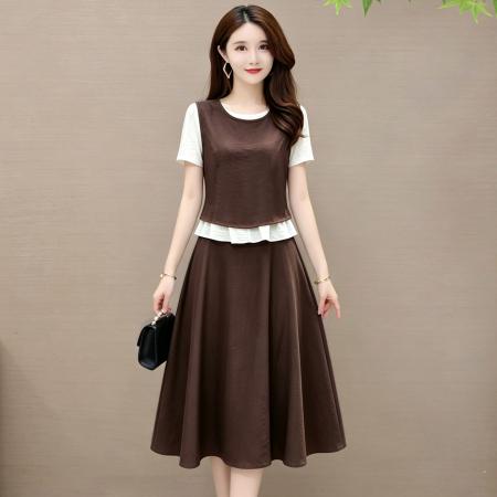 装假两件连衣裙收腰显瘦圆领连衣裙子 服裝批發女裝批發服飾貨源