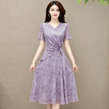 夏季新款V领连衣裙女收腰显瘦气质中长款裙子 服裝批發女裝批發服飾貨源