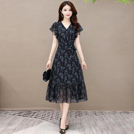 夏季新款连衣裙女V领收腰系带显瘦中长款气质裙子 服裝批發女裝批發服飾貨源