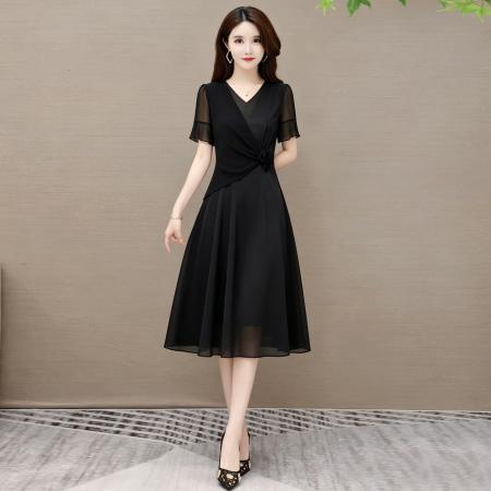 气质黑色连衣裙夏季显瘦收腰遮肉中长款裙子 服裝批發女裝批發服飾貨源