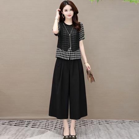 BY24464# 大码女装夏季套装条纹收腰上衣阔腿裤两件套显瘦 服裝批發女裝批發服飾貨源