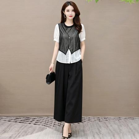 BY24464# 大码女装夏季套装条纹收腰上衣阔腿裤两件套显瘦 服裝批發女裝批發服飾貨源