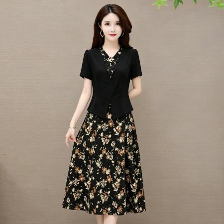 大码女装夏季套装碎花连衣裙假两件套显瘦 服裝批發女裝批發服飾貨源