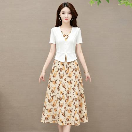 大码女装夏季套装碎花连衣裙假两件套显瘦 服裝批發女裝批發服飾貨源