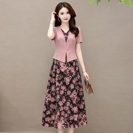 大码女装夏季套装碎花连衣裙假两件套显瘦 服裝批發女裝批發服飾貨源