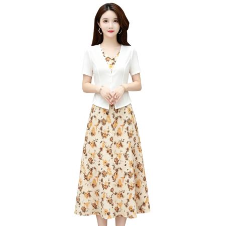大码女装夏季套装碎花连衣裙假两件套显瘦 服裝批發女裝批發服飾貨源