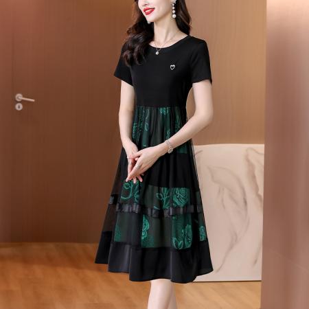 夏季新款圆领时尚纱网裙休闲装大码印花拼接连衣裙女 服裝批發女裝批發服飾貨源