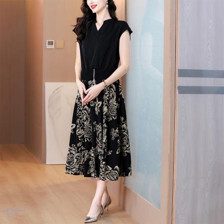 时尚夏季高级感简约下摆拉链V领短袖印花半身裙两件套套 服裝批發女裝批發服飾貨源